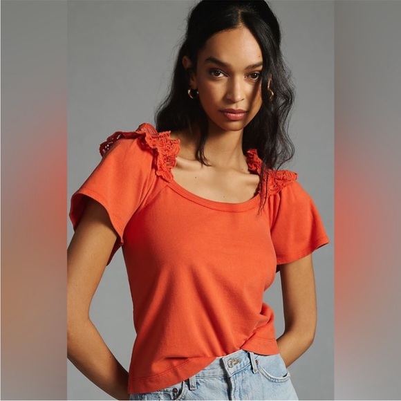 Anthropologie Tops - Pilcro Anthropologie Eyelet Ruffle Shoulder Knit Top Blood Orange Women’s Medium